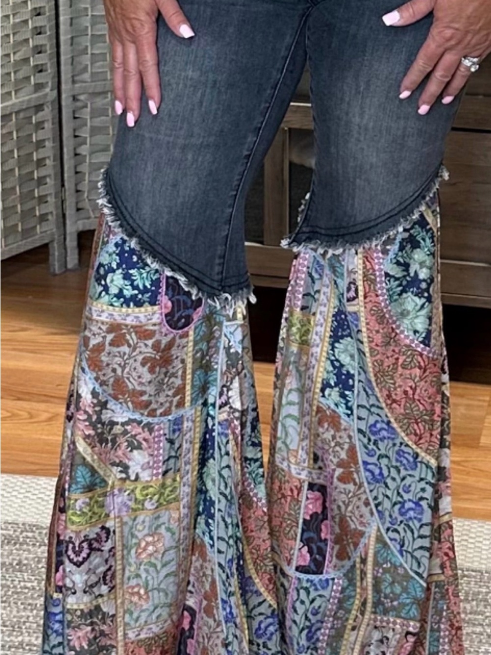 Women’s Multicolor Patchwork Flared Jeans - Blue Accent - Picture 5 of 5